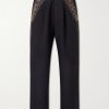 Straight-Leg Zardozi Embroidered Pleated Linen Trousers