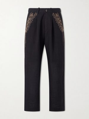Straight-Leg Zardozi Embroidered Pleated Linen Trousers Straight-Leg Zardozi Embroidered Pleated Linen Trousers