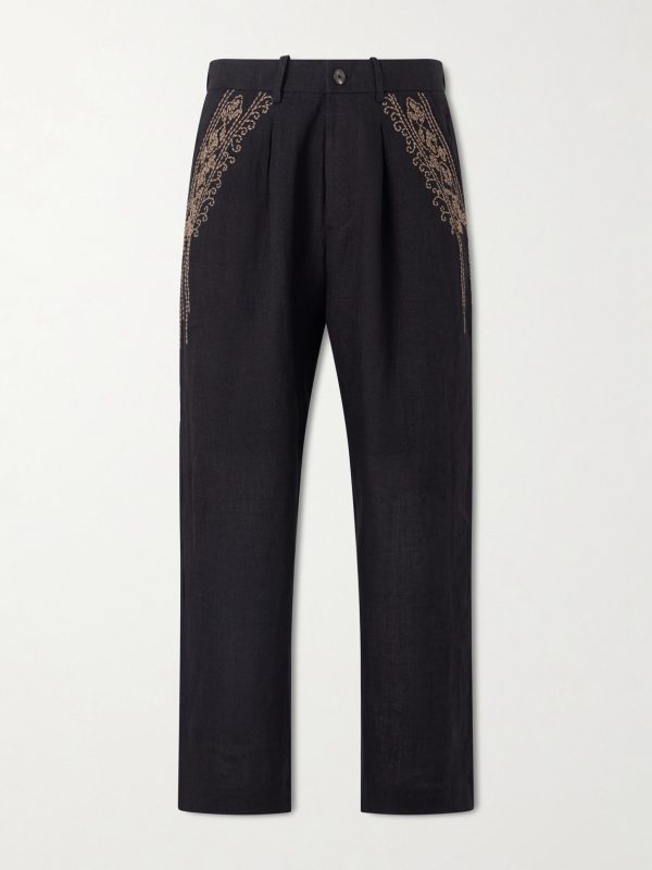 Straight-Leg Zardozi Embroidered Pleated Linen Trousers