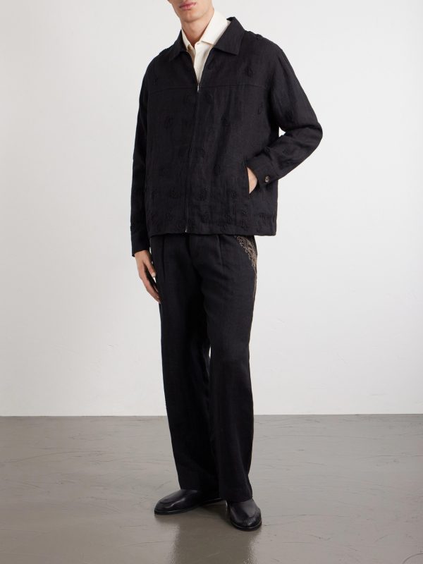 Straight-Leg Zardozi Embroidered Pleated Linen Trousers - OU