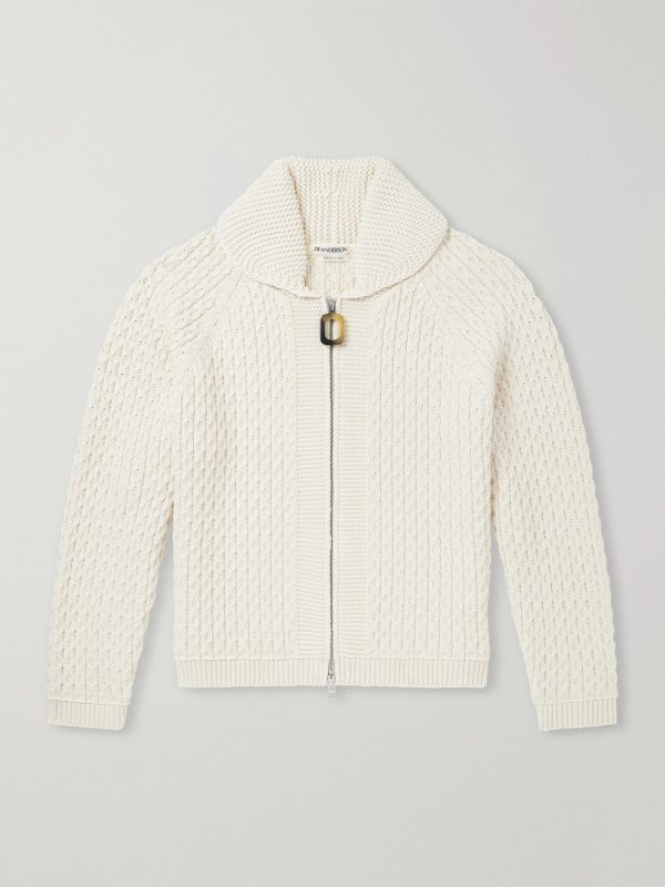 Honeycomb Cable-Knit Cotton-Blend Zip-Up Cardigan