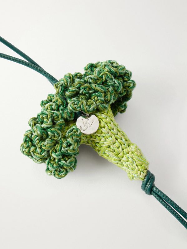Broccoli Crocheted Cotton and Leather Bag Charm - CU Broccoli Crocheted Cotton and Leather Bag Charm - CU