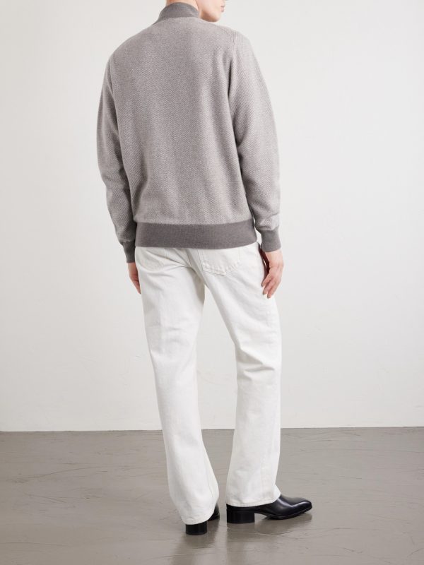 Birdseye Textured Organic Cashmere Zip-Up Cardigan - BK