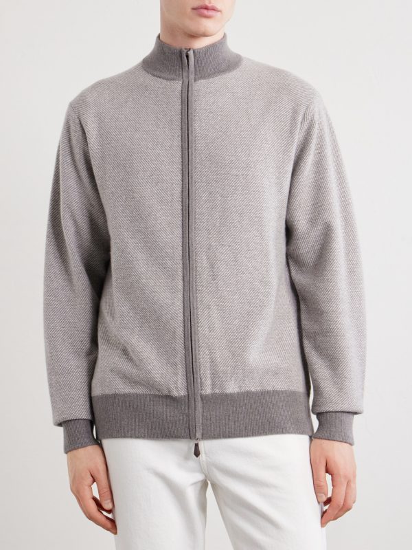 Birdseye Textured Organic Cashmere Zip-Up Cardigan - FR