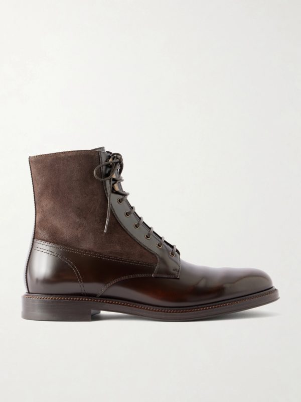 Suede-Trimmed Leather Lace-Up Derby Boots Suede-Trimmed Leather Lace-Up Derby Boots