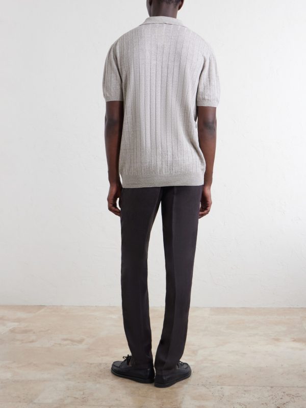 Open-Collar Ribbed Linen and Cotton-Blend Polo Shirt - BK Open-Collar Ribbed Linen and Cotton-Blend Polo Shirt - BK