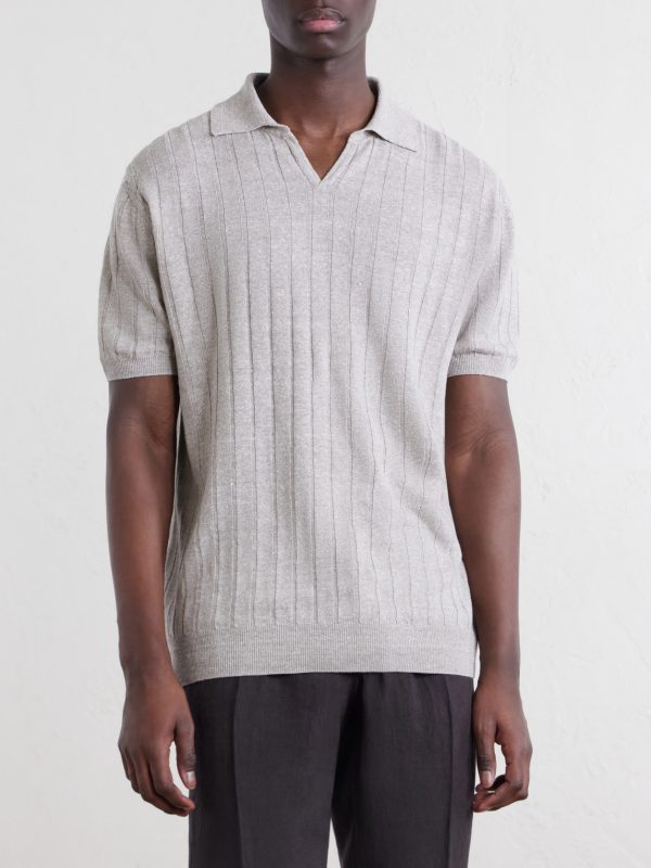 Open-Collar Ribbed Linen and Cotton-Blend Polo Shirt - FR Open-Collar Ribbed Linen and Cotton-Blend Polo Shirt - FR