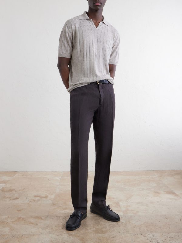 Open-Collar Ribbed Linen and Cotton-Blend Polo Shirt - OU Open-Collar Ribbed Linen and Cotton-Blend Polo Shirt - OU