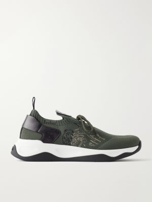 Shadow Logo-Embroidered Leather-Trimmed Stretch-Knit Sneakers