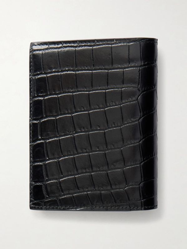 Tiny Cassandre Logo-Appliquéd Croc-Effect Leather Bifold Wallet - BK Tiny Cassandre Logo-Appliquéd Croc-Effect Leather Bifold Wallet - BK