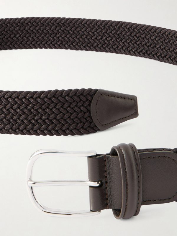 3.5cm Leather-Trimmed Woven Elastic Belt - E1