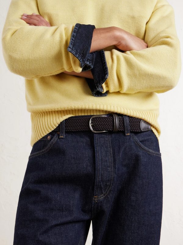 3.5cm Leather-Trimmed Woven Elastic Belt - OU