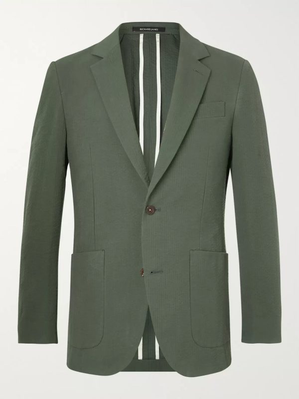 Forest-Green Unstructured Cotton-Seersucker Blazer Forest-Green Unstructured Cotton-Seersucker Blazer