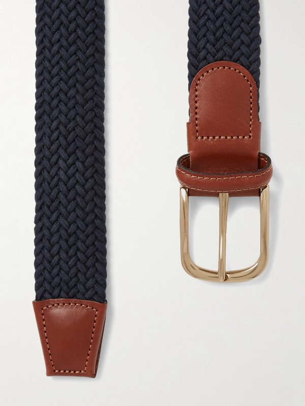 3.5cm Leather-Trimmed Woven Elastic Belt - E1