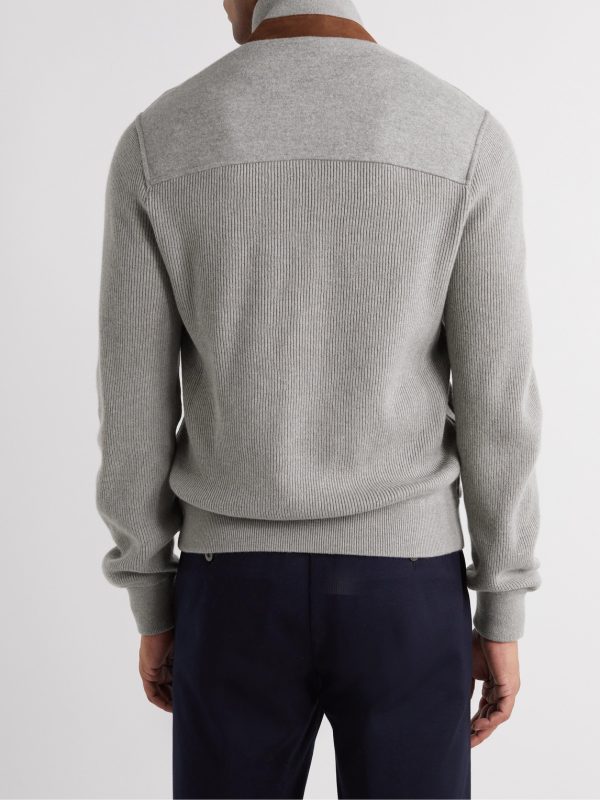 Suede-Trimmed Cashmere-Blend Zip-Up Cardigan - BK