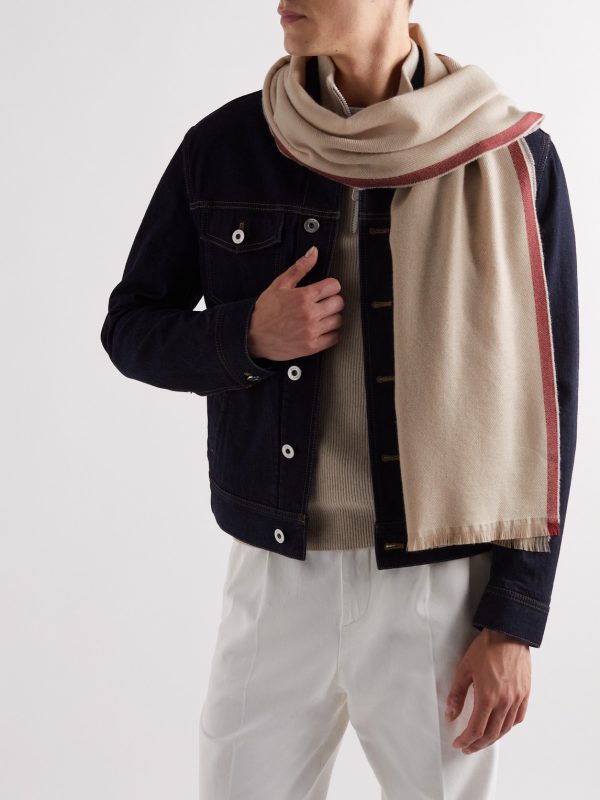 Fringed Striped Wool and Cashmere-Blend Scarf - OU Fringed Striped Wool and Cashmere-Blend Scarf - OU