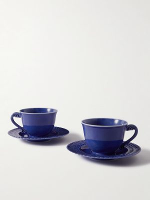 + Ginori Set of Two Porcelain Tea Cups and Saucers + Ginori Set of Two Porcelain Tea Cups and Saucers