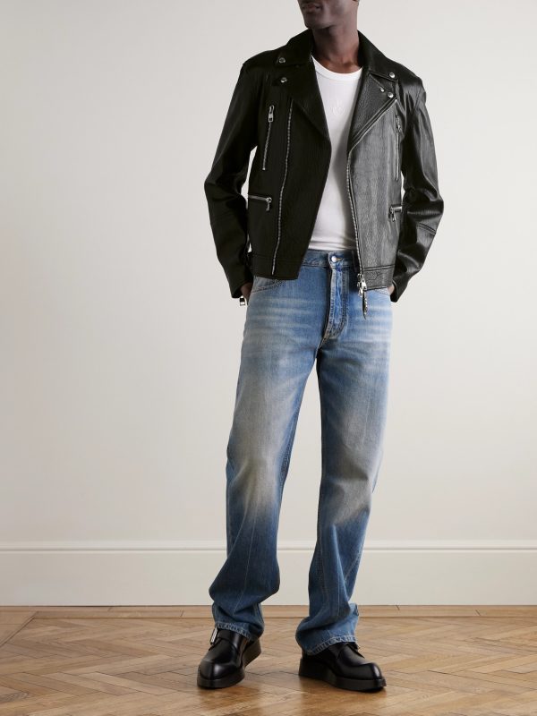 Slim-Fit Zip-Detailed Leather Biker Jacket - OU Slim-Fit Zip-Detailed Leather Biker Jacket - OU