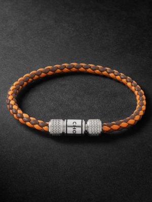 Classic Racing Woven Leather and Silver-Tone Bracelet