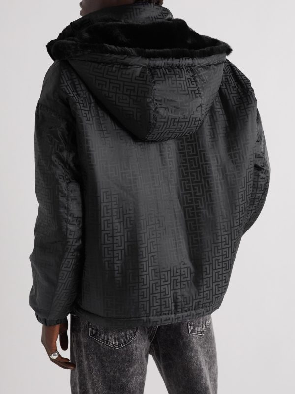 Faux Fur-Trimmed Padded Monogrammed Shell Hooded Jacket - BK