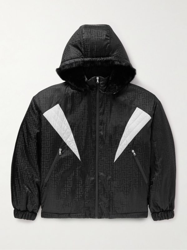 Faux Fur-Trimmed Padded Monogrammed Shell Hooded Jacket