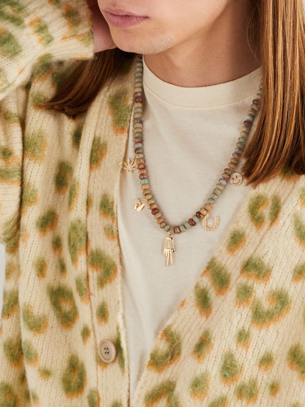 Gold, Snakeskin Jasper and Diamond Beaded Pendant Necklace - FR Gold, Snakeskin Jasper and Diamond Beaded Pendant Necklace - FR