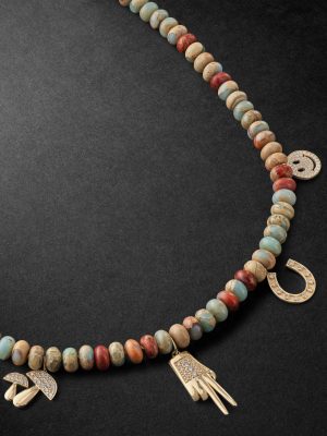 Gold, Snakeskin Jasper and Diamond Beaded Pendant Necklace Gold, Snakeskin Jasper and Diamond Beaded Pendant Necklace