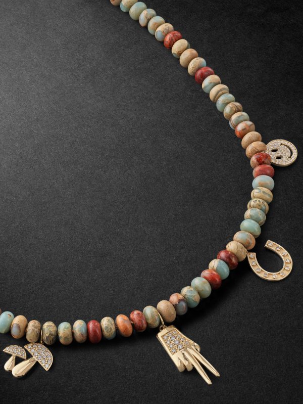 Gold, Snakeskin Jasper and Diamond Beaded Pendant Necklace Gold, Snakeskin Jasper and Diamond Beaded Pendant Necklace