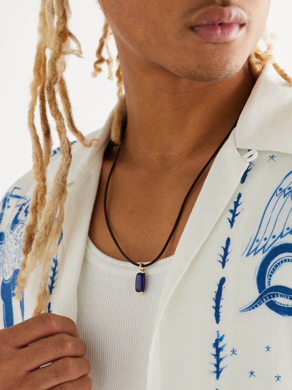 Oblong 18-Karat Gold, Leather and Lapis Lazuli Pendant Necklace - FR Oblong 18-Karat Gold, Leather and Lapis Lazuli Pendant Necklace - FR