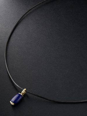 Oblong 18-Karat Gold, Leather and Lapis Lazuli Pendant Necklace