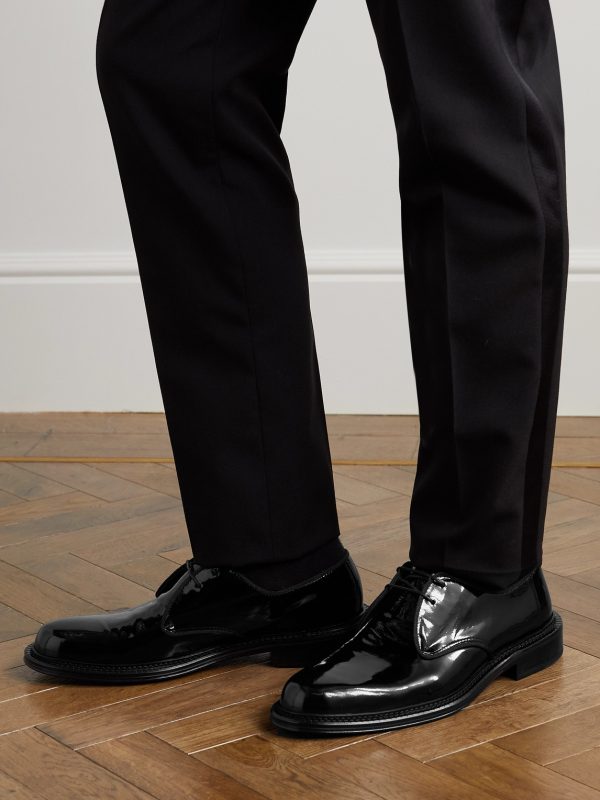 Grosgrain-Trimmed Patent-Leather Derby Shoes - E1 Grosgrain-Trimmed Patent-Leather Derby Shoes - E1