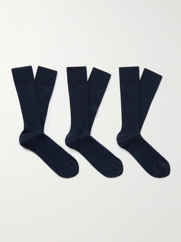 Three-Pack Ribbed Cotton-Blend Socks