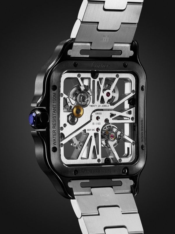 Santos de Cartier Hand-Wound Skeleton 39.8mm Interchangeable Steel and Alligator Watch, Ref. No. WHSA0027 - BK