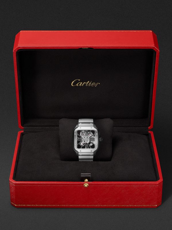Santos de Cartier Hand-Wound Skeleton 39.8mm Interchangeable Steel and Alligator Watch, Ref. No. WHSA0027 - E3