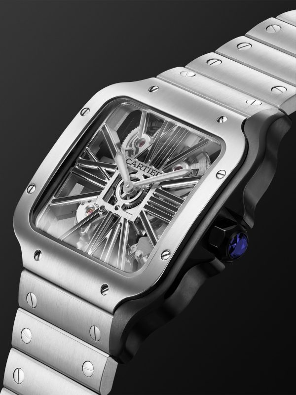 Santos de Cartier Hand-Wound Skeleton 39.8mm Interchangeable Steel and Alligator Watch, Ref. No. WHSA0027 - FR