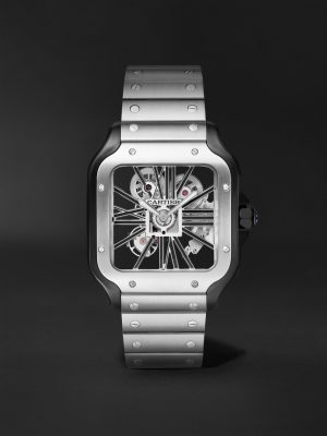 Santos de Cartier Hand-Wound Skeleton 39.8mm Interchangeable Steel and Alligator Watch, Ref. No. WHSA0027 Santos de Cartier Hand-Wound Skeleton 39.8mm Interchangeable Steel and Alligator Watch, Ref. No. WHSA0027