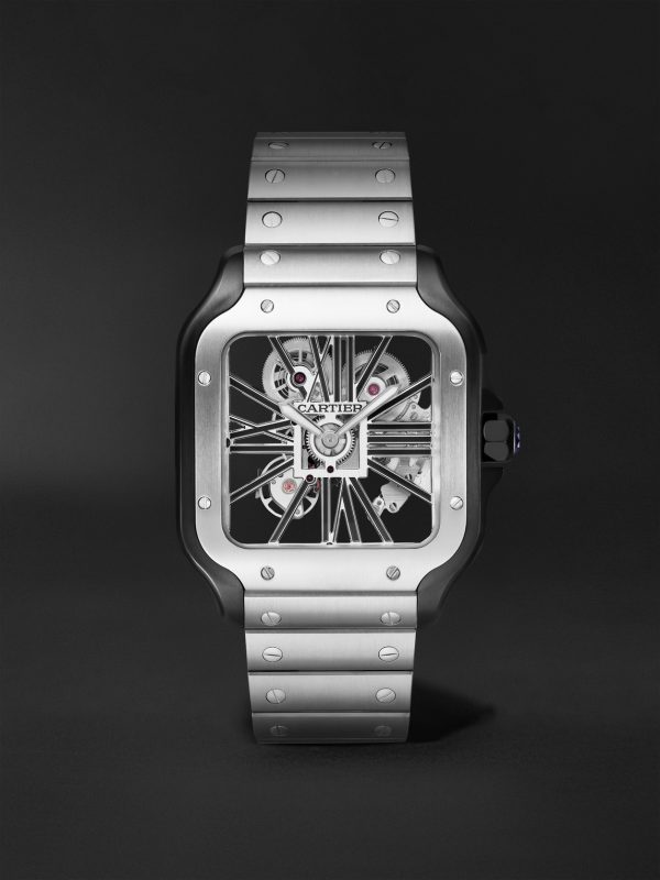 Santos de Cartier Hand-Wound Skeleton 39.8mm Interchangeable Steel and Alligator Watch, Ref. No. WHSA0027