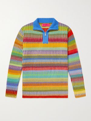 Jolly Ribbed Striped Cashmere Half-Zip Sweater