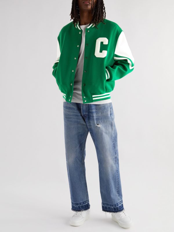 Teddy Appliquéd Virgin Wool-Blend and Leather Varsity Jacket - OU Teddy Appliquéd Virgin Wool-Blend and Leather Varsity Jacket - OU