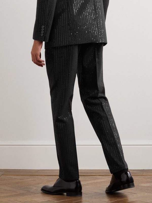 Straight-Leg Striped Sequin-Embellished Wool Trousers - BK
