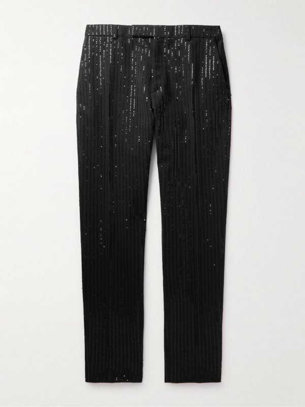 Straight-Leg Striped Sequin-Embellished Wool Trousers