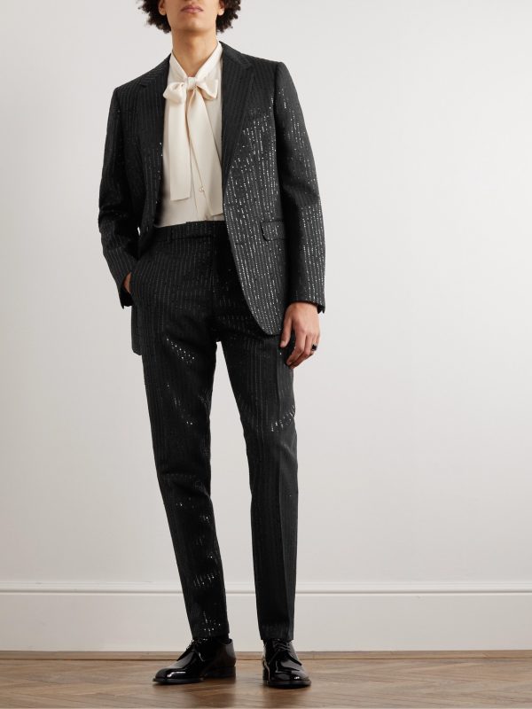 Straight-Leg Striped Sequin-Embellished Wool Trousers - OU