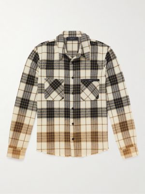 Leather-Trimmed Frayed Checked Cotton-Flannel Shirt
