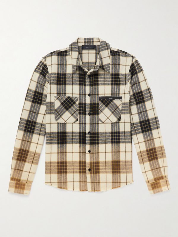 Leather-Trimmed Frayed Checked Cotton-Flannel Shirt