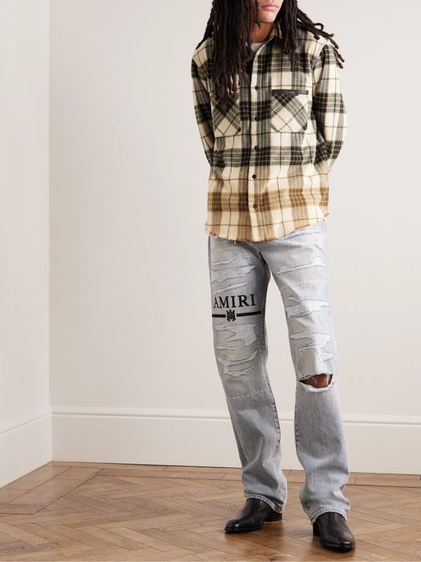 Leather-Trimmed Frayed Checked Cotton-Flannel Shirt - OU