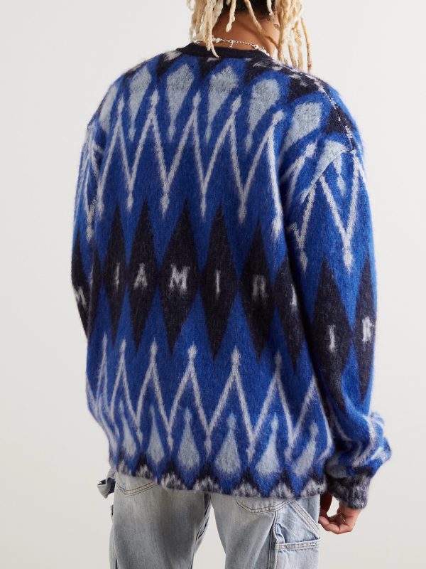 Argyle Brushed Jacquard-Knit Cardigan - BK Argyle Brushed Jacquard-Knit Cardigan - BK