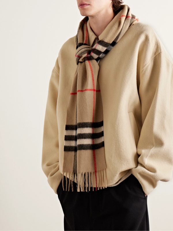 Fringed Checked Cashmere Scarf - OU Fringed Checked Cashmere Scarf - OU