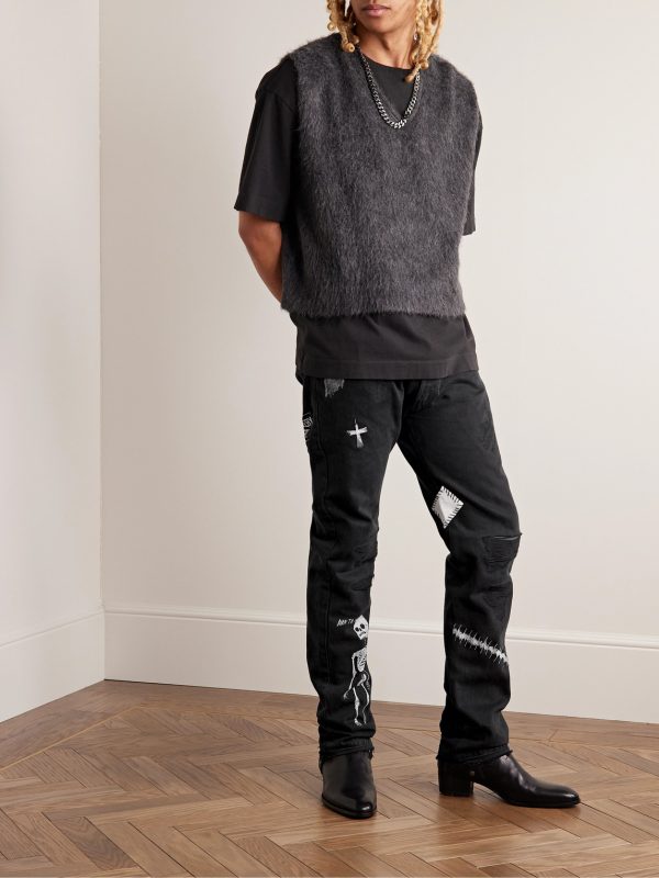 Slim-Fit Straight-Leg Painted Embroidered Distressed Jeans - OU Slim-Fit Straight-Leg Painted Embroidered Distressed Jeans - OU