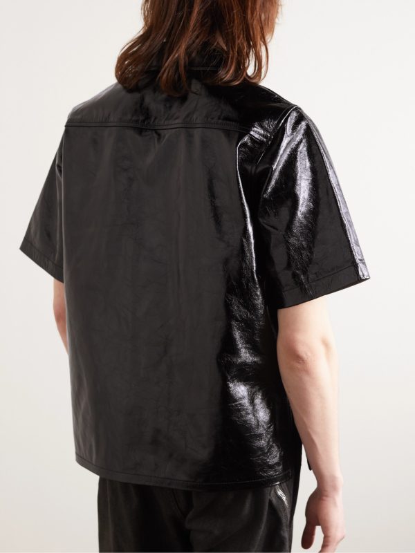 Parker Convertible-Collar Logo-Appliquéd Crinkled Patent-Leather Shirt - BK Parker Convertible-Collar Logo-Appliquéd Crinkled Patent-Leather Shirt - BK
