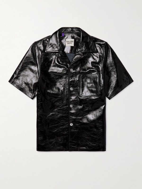 Parker Convertible-Collar Logo-Appliquéd Crinkled Patent-Leather Shirt Parker Convertible-Collar Logo-Appliquéd Crinkled Patent-Leather Shirt